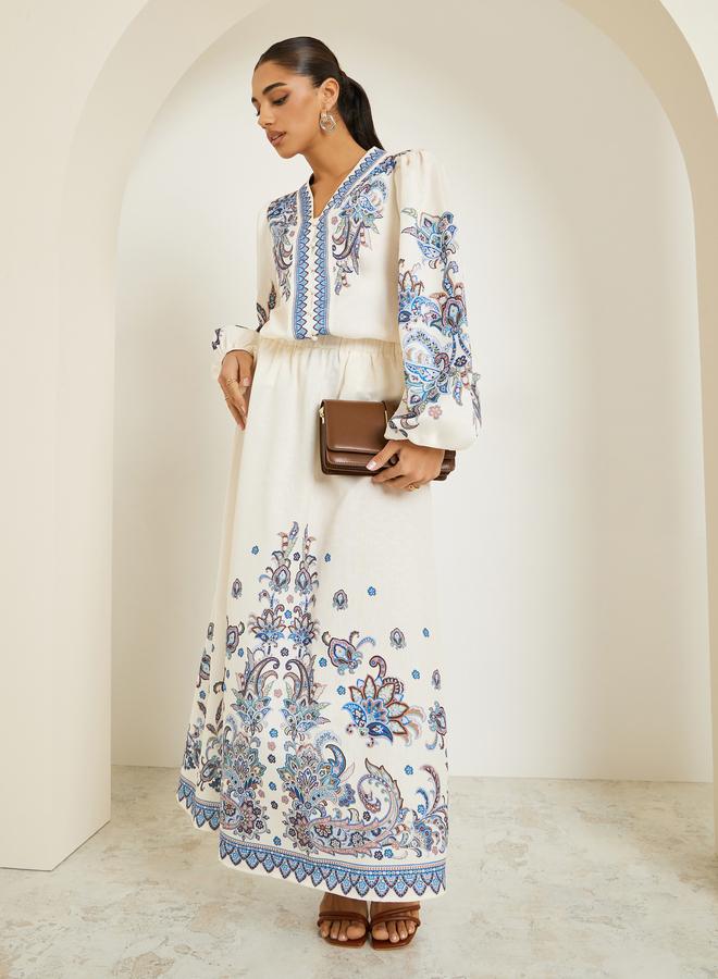 Styli Women Cream Printed A-Line Maxi Skirt - Image 4